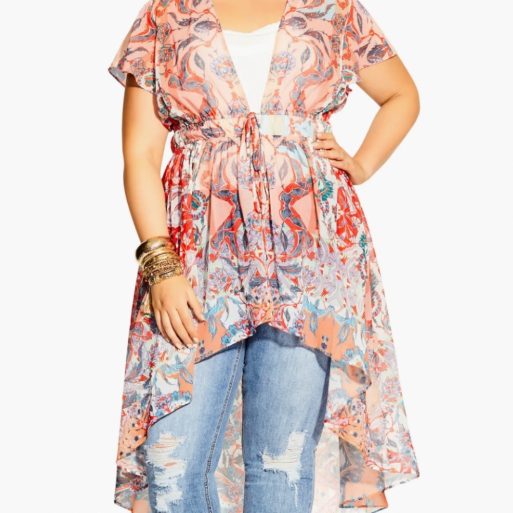 EUC City Chic Adisa Tie Waist Tunic Caftan Sheer Cardigan Medium Size 18
